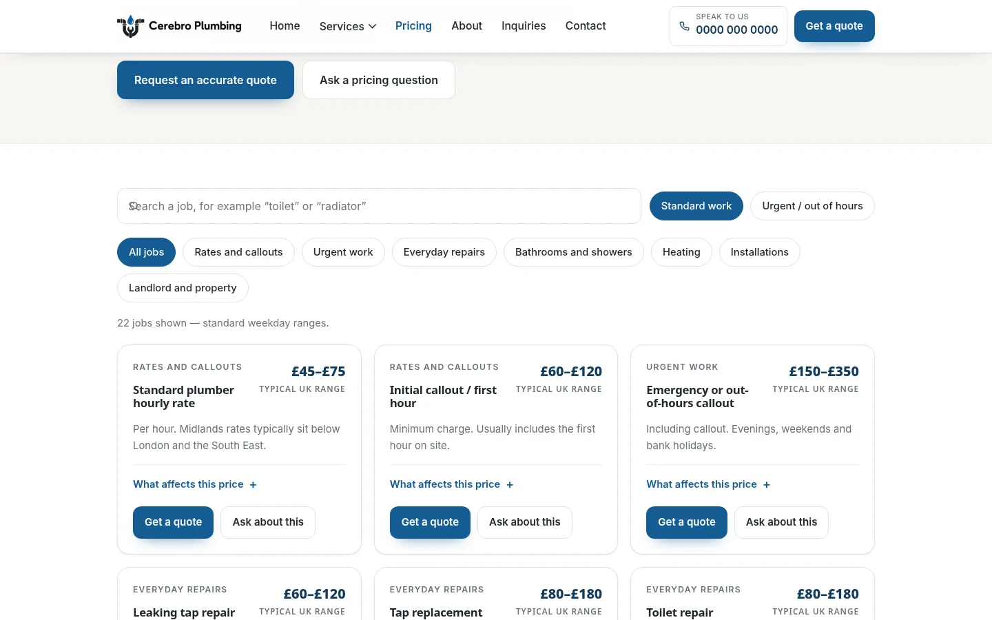 Cerebro Plumbing pricing preview