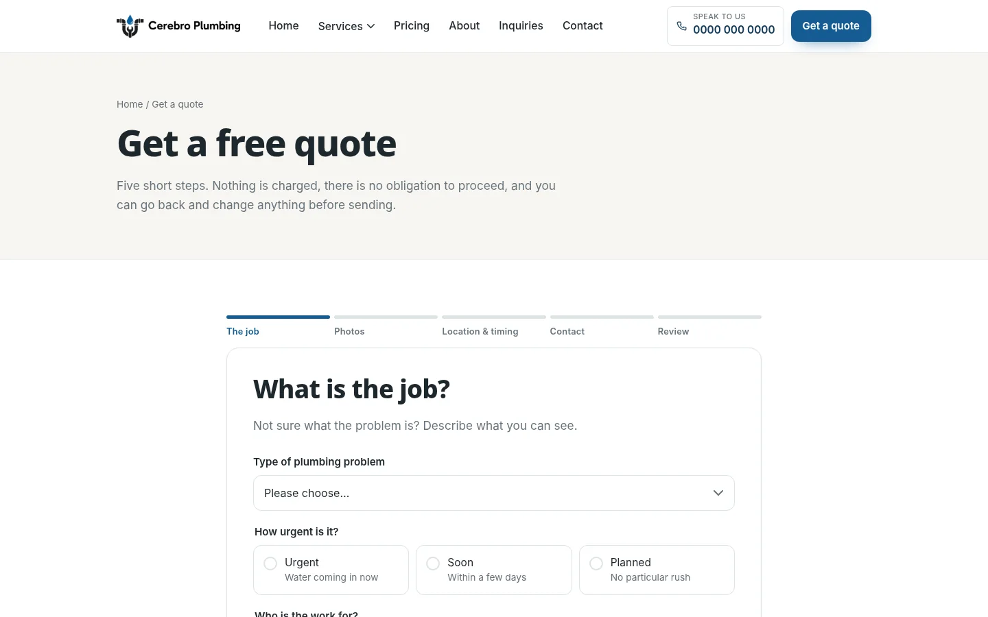 Cerebro Plumbing quote form