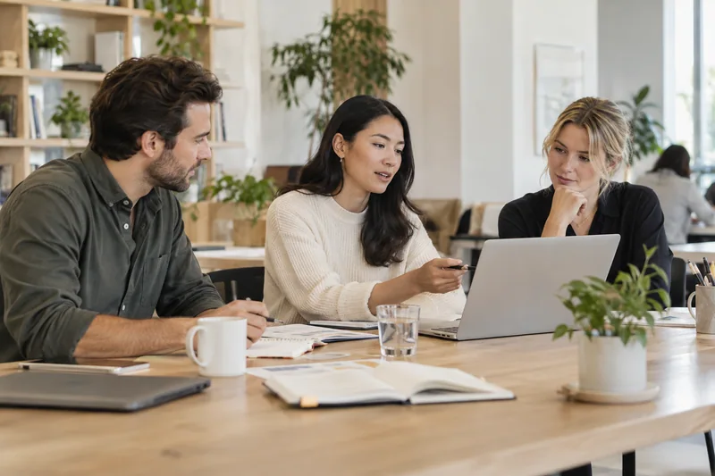 Three business specialists from commercial, operations and finance at a long collaborative table in a refined shared office, each has a distinct working area with laptop, notebook or planning material, natural collegial interaction. AI-generated workplace illustration.