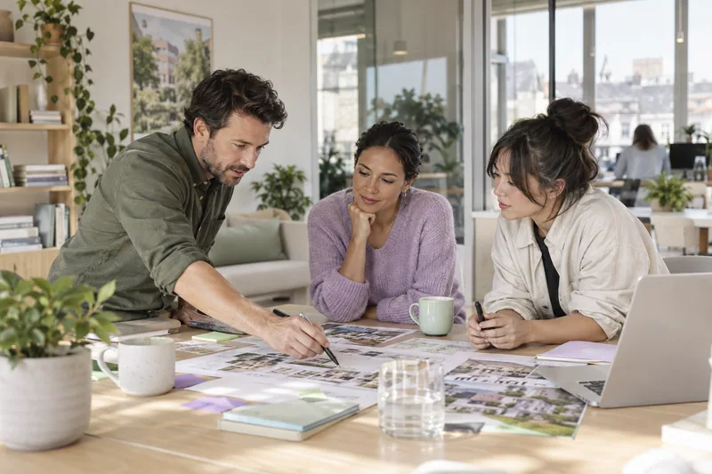 A property management director, a operations specialist and a software designer collaborating over a project board on a light oak table in a renovated local office, authentic mixed disciplines, subtle lilac and mint accents. AI-generated workplace illustration.