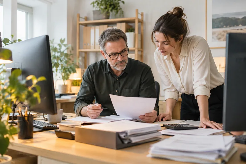 An experienced accountant and a younger colleague reconciling paperwork at a premium but modest accounting practice, two realistic monitors angled away, calculators and paper with no legible financial details, warm yellow task-light accent. AI-generated workplace illustration.