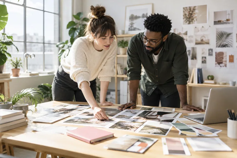 A creative marketing team of two arranging campaign moodboards and printed photography in a high-end daylight studio. AI-generated workplace illustration.